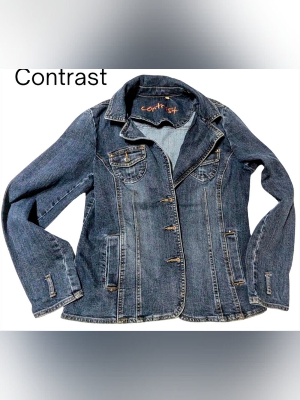 Size 11, EUC, Contrast Dark Wash Denim Button Up Blazer Style Jacket
